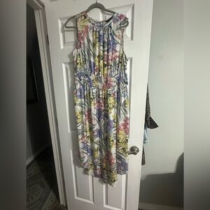Charlie B Floral Sleeveless Midi Dress in White with Yellow & Pink Accents
